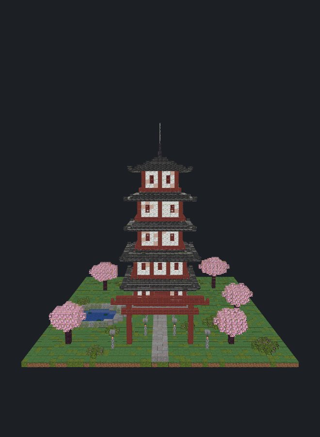 Front elevation of the pagoda render, torii gate in front