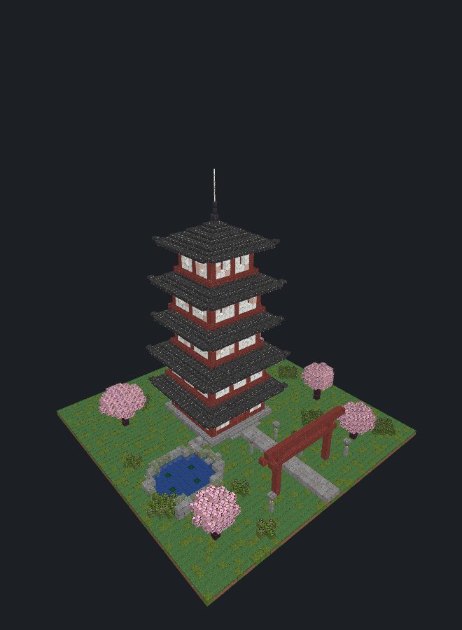 Elevated render of a five-storey Japanese pagoda in a temple garden, built in Minecraft blocks
