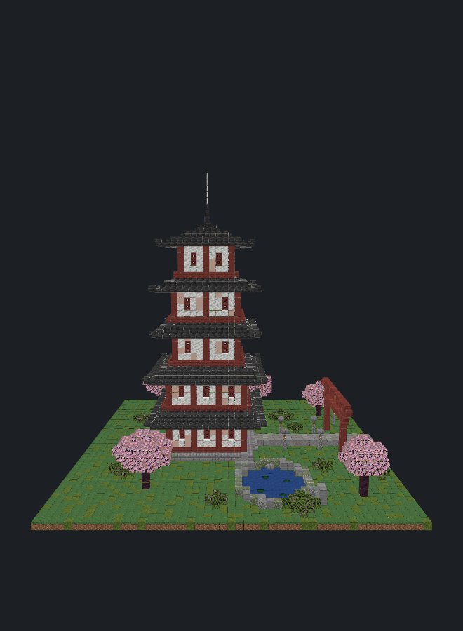 Side elevation of the pagoda render with the pond and cherry trees